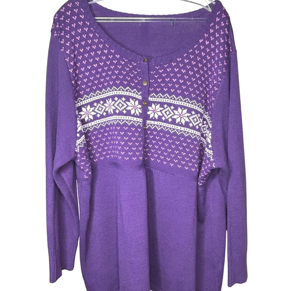Snowflake Fair Isle Knit Button Neck Tunic Sweater Plus Size Purple